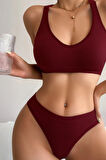 Kadın Bordo Desteksiz Seamless Tangalı İç Çamaşır Takımı