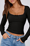 Kadın Siyah Kare Yaka Dantelli Uzun Kollu Crop Top Bluz