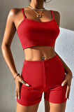 Kadın Kırmızı Şortlu Kaşkorse Gecelik Takım