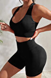 Kadın Siyah Yüksek Bel Çapraz Sırt Detaylı Şortlu Gecelik Takım