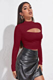 Kadın Bordo Göğüs Dekolteli Uzun Kollu Cut Out Crop Top Bluz