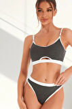 Kadın Gri Antrasit Kaşkorse ve Beyaz Lastikli Cut-Out Tanga Külotlu Takım