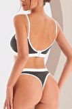 Kadın Gri Antrasit Kaşkorse ve Beyaz Lastikli Cut-Out Tanga Külotlu Takım