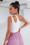 Kadın Beyaz Tek Omuz Cut Out Detaylı Crop Top Bluz