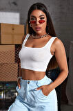 Kadın Beyaz Kalın Askılı Crop Top Büstiyer
