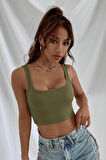 Kadın Haki Yeşili Kalın Askılı Crop Top Büstiyer