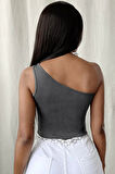 Kadın Koyu Gri Tek Omuz Crop Büstiyer