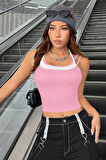 Kadın Pembe Beyaz Çift Renk Çapraz Askılı Crop Top Bluz