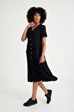 Barbora Keten Günlük Rahat V Yaka Beli Büzgü Detaylı Düğmeli Elbise LN04siyaha4