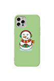 Iphone 12 Pro Max Uyumlu  Açik Yesil Renkli Silikon Telefon Kilifi - Snowman With Coffee