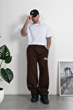 Classic Logo Stoperli Kahve Wide Leg Erkek Eşofman Altı
