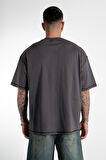 Kontrast Dikiş Oversize Füme Erkek Tişört
