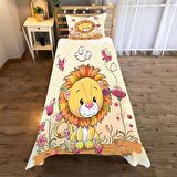 Karikatür Aslan Çiçekli  Desenli Yatak örtüsü ve yastık kılıfı 2li takımı
