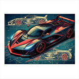 Kırmızı Spor Araba Çizimi Model Ahşap Tablo 35cm X50cm