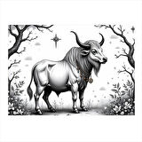 Siyah Beyaz Boğa Figürü Desenli Ahşap Tablo 25cmX 35cm