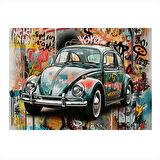 Vintage Vosvos Araba Desenli Ahşap Tablo 25cmX 35cm