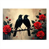 Kırmızı Güller Ve Kuşlar Tasarım Mdf Tablo 25cmX 35cm