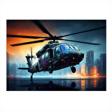 Şehirde Helikopter Uçuşu Desenli Ahşap Tablo 25cmX 35cm