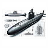 Denizaltı Teknik Çizimi Modern Mdf Tablo 50cmX 70cm