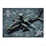 Teknik Askeri Helikopter Çizimi Hediyelik Mdf Tablo 35cm X50cm