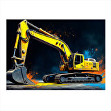 Sarı Ekskavatör Tasarımı Hediyelik Ahşap Tablo 35cm X50cm
