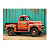 Çiçek Desenli Kırmızı Kamyonet Mdf poster 35cm X50cm