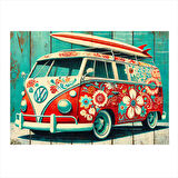 Renkli Çiçekli Retro Minibüs Desenli Ahşap Tablo 35cm X50cm