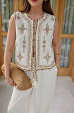 Kadın Krem Etnik Nakıslı Püskül Detaylı Yelek Pantolon Keten Takım