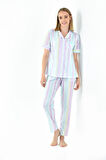 Çizgili Gömlek Yaka Kadın Pijama Takımı