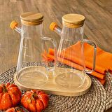 Yağdanlık Cam Şişe 900 Ml Bambu Vakumlu Kapak Ahşap Stantlı İkili