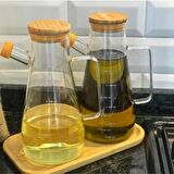 Yağdanlık Cam Şişe 900 Ml Bambu Vakumlu Kapak Ahşap Stantlı İkili