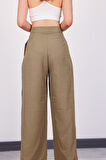 Kadın Haki Pile Detaylı Palazzo Pantolon