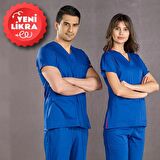 Saks Mavi Likralı Doktor Hemşire Forması Scrubs Dr Greys Takım (Esnek Kumaş)