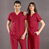 Bordo Likralı Doktor Hemşire Forması Scrubs Dr Greys Takım (Esnek Kumaş)