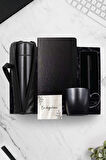500 ML Deri Çantalı Termos & Siyah Kupa & Siyah Defter & Siyah Roller Kalem Hediye Seti