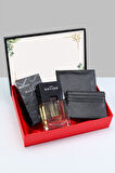 Özel Kutusunda Black Suede Erkek Parfüm & Erkek Suni Deri Cüzdan & Siyah Kartlık Erkeğe Hediye Seti