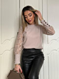 Yonca Moda Evi Kadın Uzun Kollu Bisiklet Yaka Kolları çiçekli Waffle Bluz