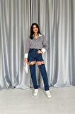 Yonca Moda Evi Mavi Askılı İki Parça Jeans Pantolon