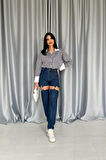 Yonca Moda Evi Mavi Askılı İki Parça Jeans Pantolon
