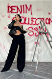 Yonca Moda Evi Siyah Geniş Paça Jeans Pantolon