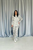 Yonca Moda Evi Gri Leopar Desenli Ceket Ve Pantolon Keten Takım