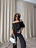 Yonca Moda Evi KETEN MADONNA YAKA KOL HASIR ŞERİT - PANTOLON TAKIM - Siyah