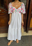 Yonca Moda Evi RENKLİ NAKIŞ DESENLİ ELBİSE - Beyaz