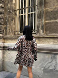 Yonca Moda Evi LEOPAR GÖMLEK-BLUZ-ŞORT TAKIM SATEN - Leopar