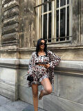 Yonca Moda Evi LEOPAR GÖMLEK-BLUZ-ŞORT TAKIM SATEN - Leopar