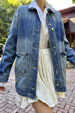 Yonca Moda Evi Mavi Vintage Kot Ceket