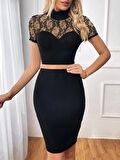 Yonca Moda Evi Kadın Kısa Kollu Yarı Balıkçı Yaka Dantelli Straplez Ithal Krep Crop Bluz Ve Etek Ikili Takım