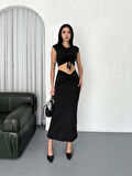 Yonca Moda Evi Osy Modal Yumuşak Dokulu Kumaş  Büzgülü Crop Etek Takım - Siyah
