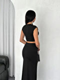 Yonca Moda Evi Osy Modal Yumuşak Dokulu Kumaş  Büzgülü Crop Etek Takım - Siyah