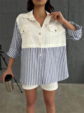 Yonca Moda Evi GABARDİN ŞORT - GABARDİN - ÇİZGİLİ KETEN GARNİLİ CEKET TAKIM - Lacivert
